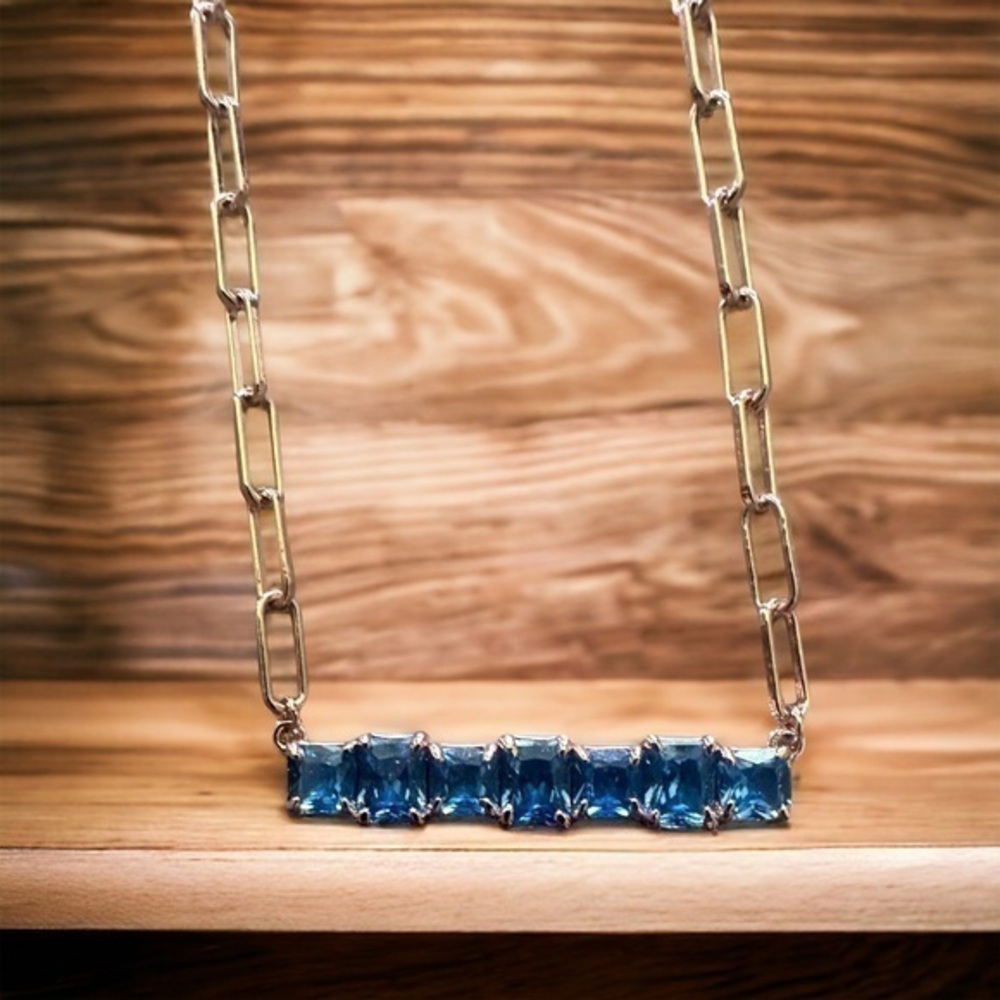 Bomb Party Bar Necklace - Paperclip Chain - Rose Gold Plated - Blue Stones